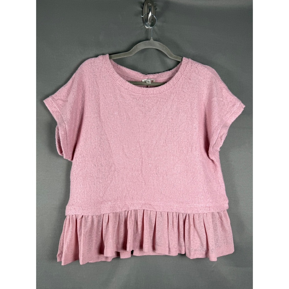 Pilcro Peplum Top Women M Pink Textured Knit Ruffle Hem Short Sleeve OB2214263